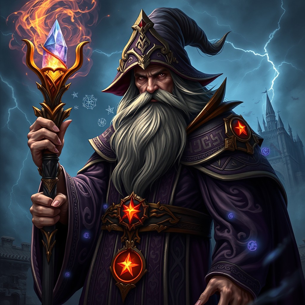 A powerful fantasy wizard in Warhammer style, wearing intricate ornate robes with glowing runes, holding a magical staff crowned with a shimmering crystal