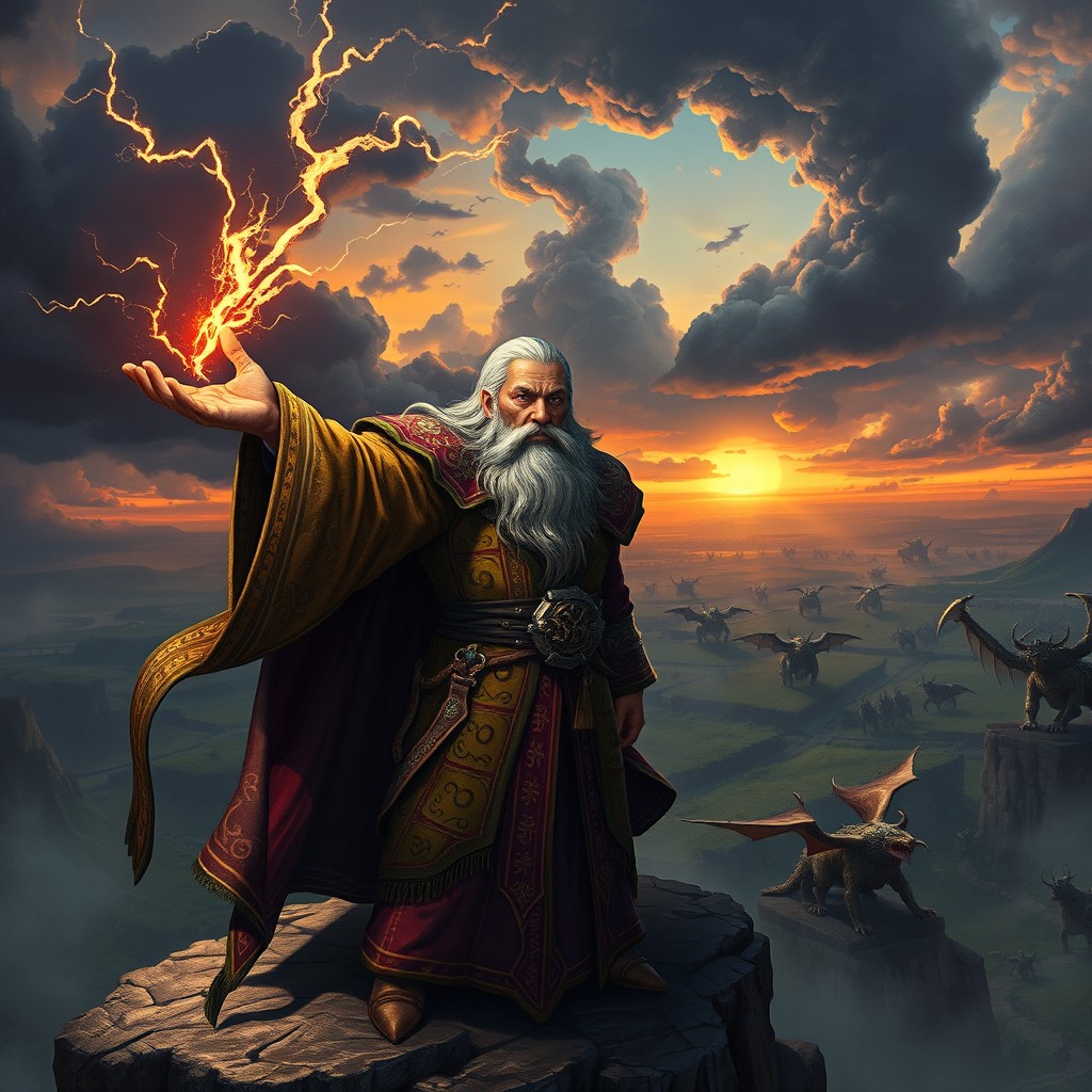 A powerful fantasy wizard in a Warhammer setting, clad in ornate, colorful robes adorned with intricate magical runes