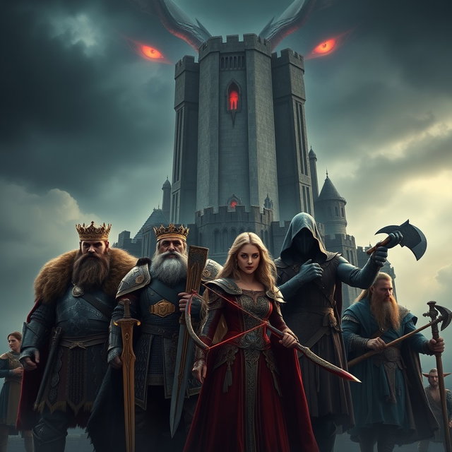 Epic fantasy poster inspired by the style of Marvel's Avengers: Infinity War, featuring a dark and cinematic aesthetic