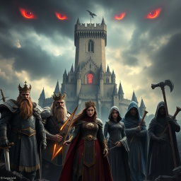 Epic fantasy poster inspired by the style of Marvel's Avengers: Infinity War, featuring a dark and cinematic aesthetic