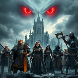 Epic fantasy poster inspired by the style of Marvel's Avengers: Infinity War, featuring a dark and cinematic aesthetic