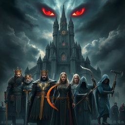 Epic fantasy poster inspired by the style of Marvel's Avengers: Infinity War, featuring a dark and cinematic aesthetic