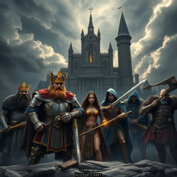 Epic fantasy poster inspired by the style of Marvel's Avengers: Infinity War, featuring a dark and cinematic atmosphere