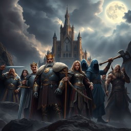 Epic fantasy poster inspired by the style of Marvel's Avengers: Infinity War, featuring a dark and cinematic atmosphere