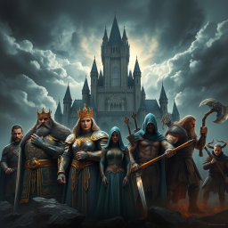Epic fantasy poster inspired by the style of Marvel's Avengers: Infinity War, featuring a dark and cinematic atmosphere