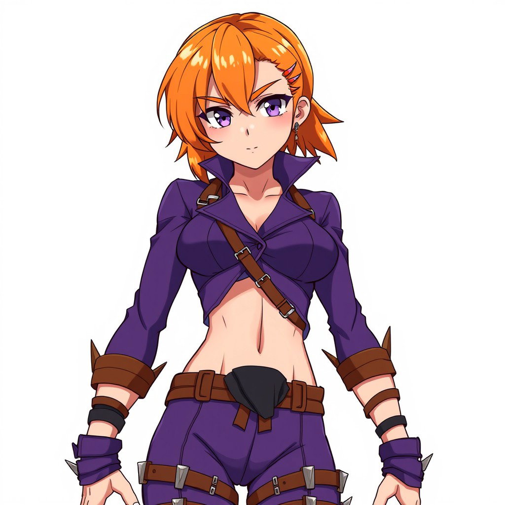 An anime woman with striking orange side-cut hair and matching orange eyebrows that create a bold contrast with her captivating purple eyes