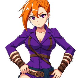 An anime woman with striking orange side-cut hair and matching orange eyebrows that create a bold contrast with her captivating purple eyes