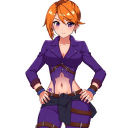 An anime woman with striking orange side-cut hair and matching orange eyebrows that create a bold contrast with her captivating purple eyes