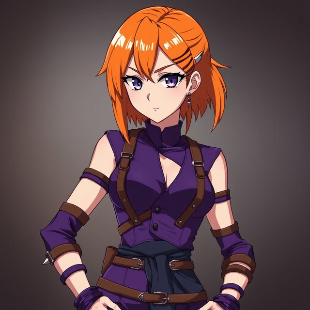 An anime woman with striking orange side-cut hair and matching orange eyebrows that create a bold contrast with her captivating purple eyes