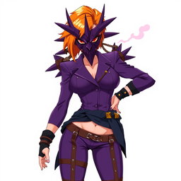 An anime woman with an eye-catching orange side-cut hairstyle, exuding confidence and strength