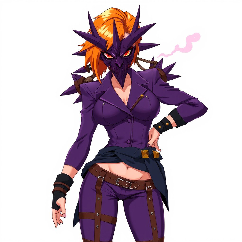 An anime woman with an eye-catching orange side-cut hairstyle, exuding confidence and strength