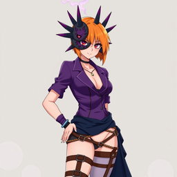 An anime woman with an eye-catching orange side-cut hairstyle, exuding confidence and strength