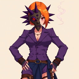 An anime woman with an eye-catching orange side-cut hairstyle, exuding confidence and strength