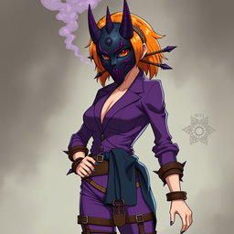 An anime woman with an eye-catching orange side-cut hairstyle, exuding confidence and strength