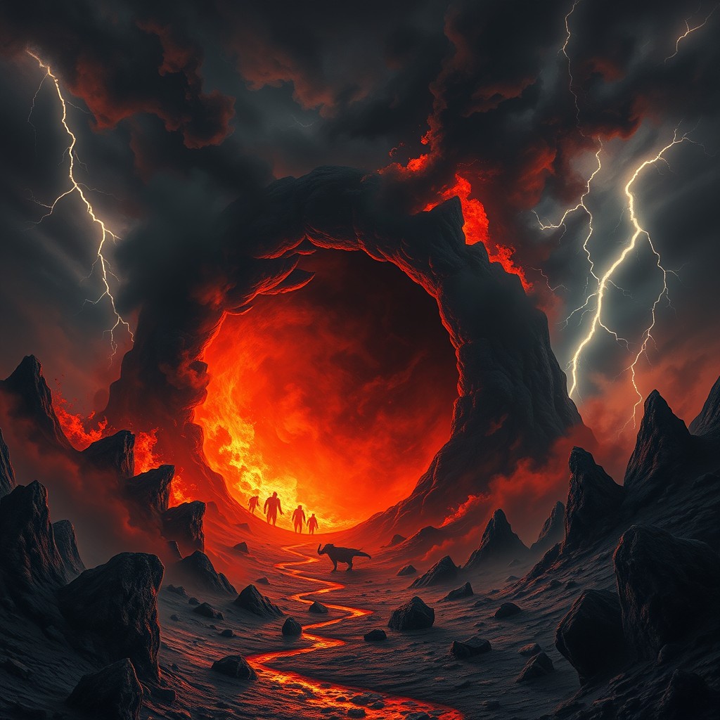 A surreal and terrifying depiction of a portal leading into the deepest pits of hell