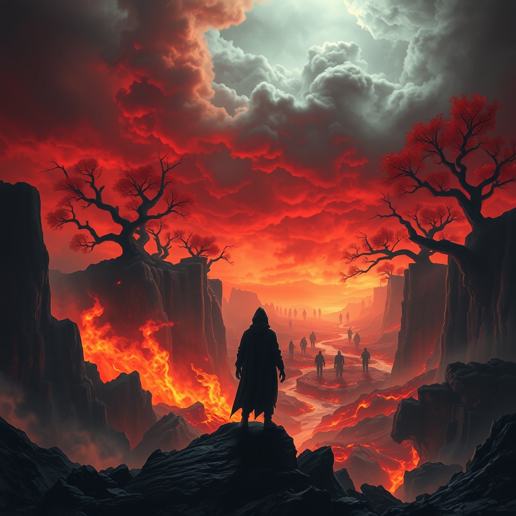 A chilling scene of a figure standing on the outside of a portal, gazing into the vast and terrifying landscape of hell
