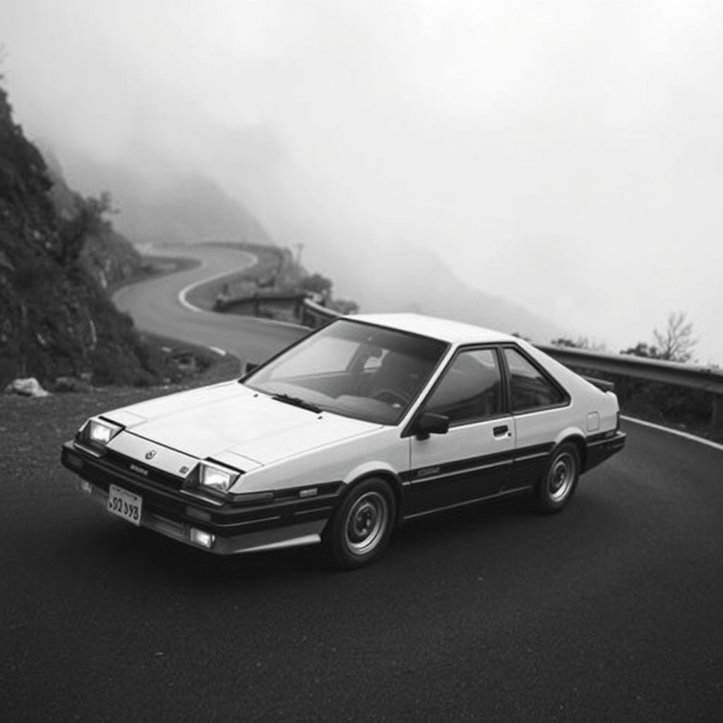 A classic Toyota AE86, captured in stunning black and white