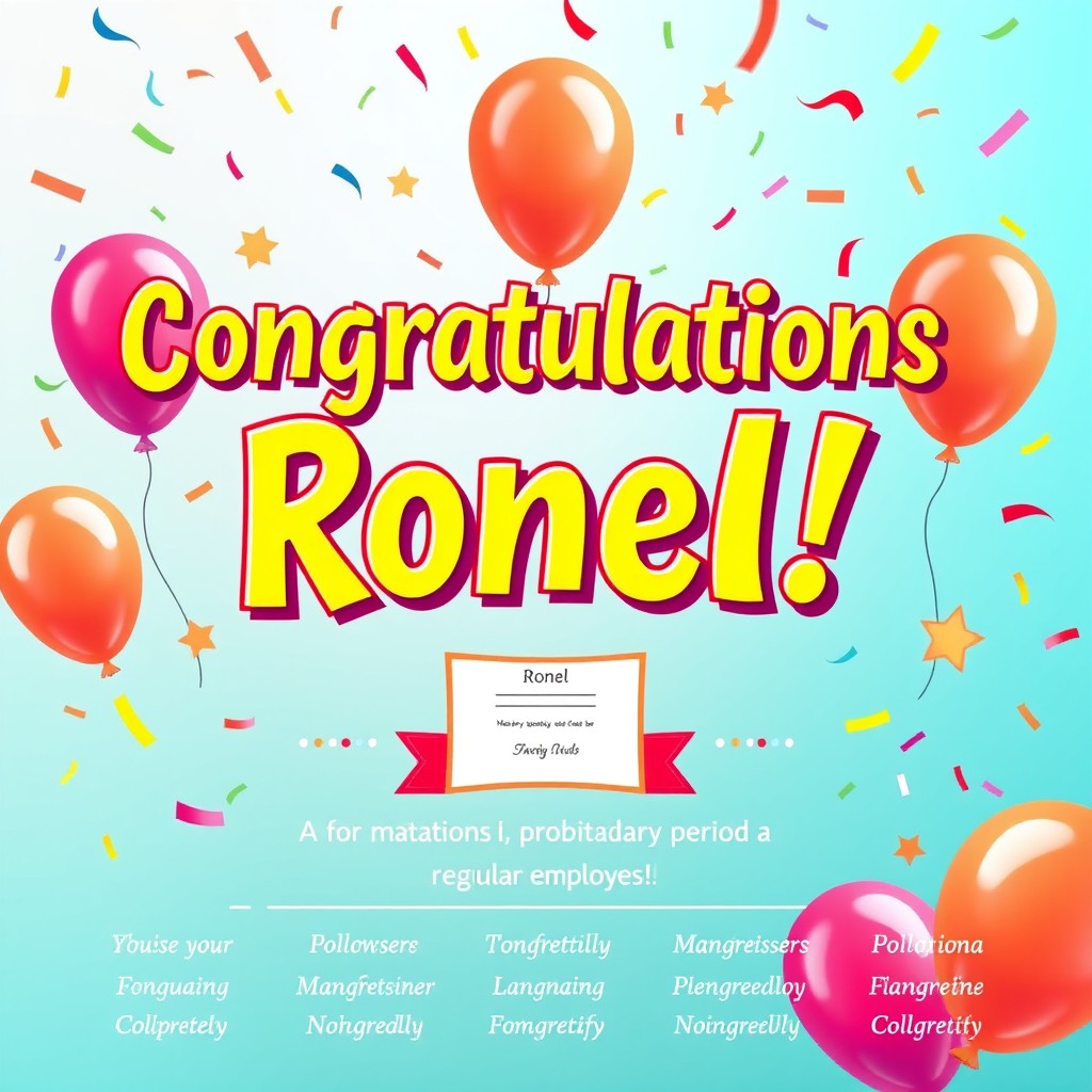 A vibrant and celebratory poster congratulating Ronel for successfully completing his probationary period and becoming a regular employee