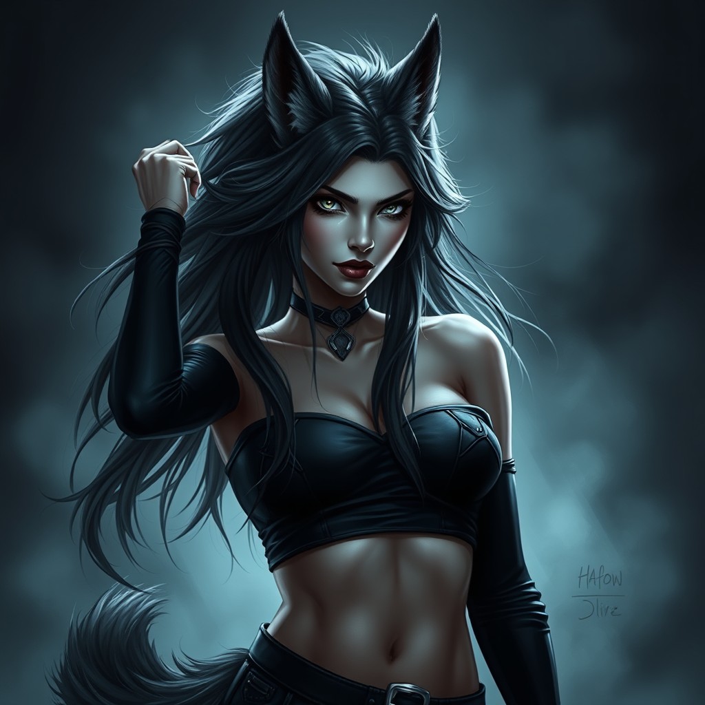 A stunning female wolf-human hybrid with dark, Nordic features that evoke a chilling horror aesthetic
