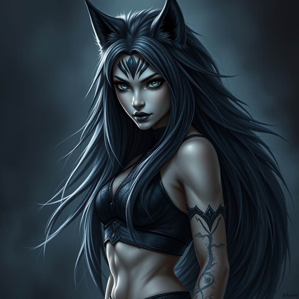 A stunning female wolf-human hybrid characterized by a dark Nordic aesthetic, evoking a horror-inspired vibe
