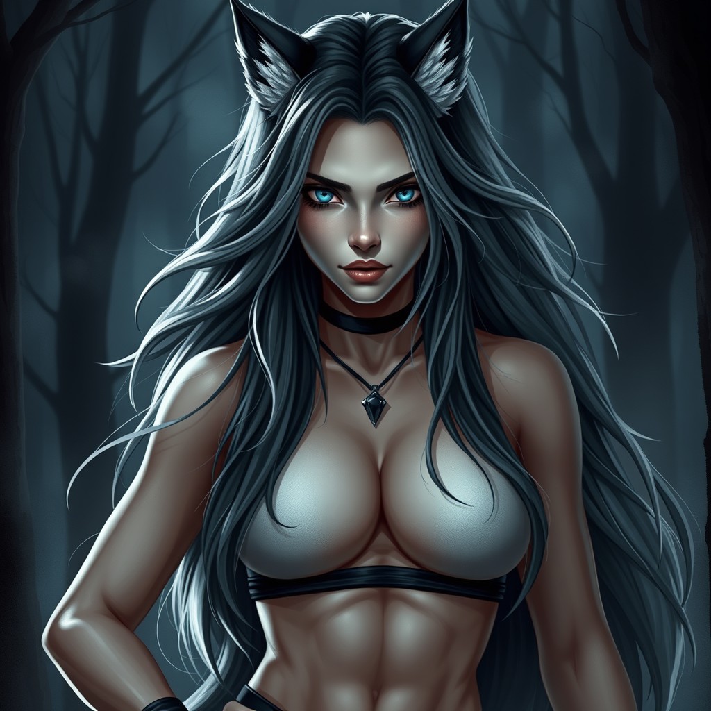 A stunning female human-wolf hybrid character embodying dark and Nordic elements