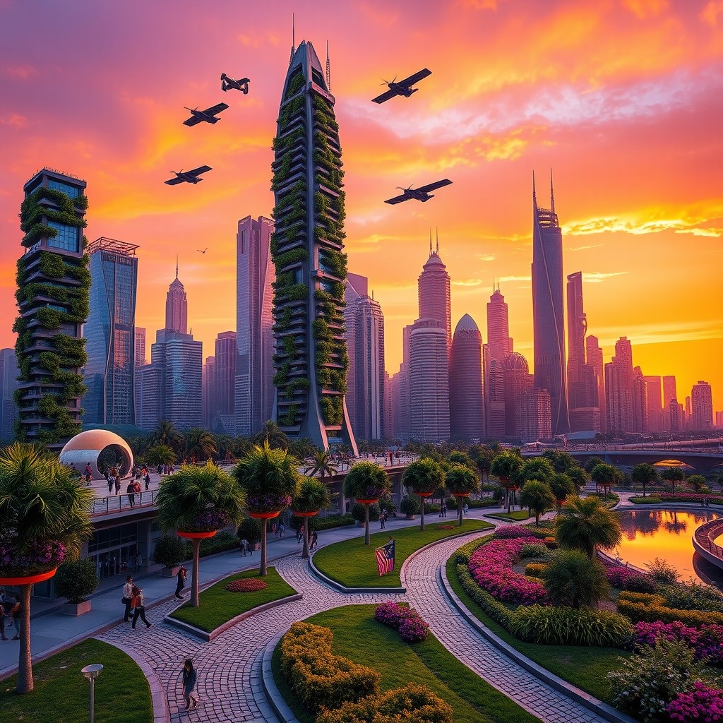 A futuristic city skyline at sunset, with a vibrant mix of towering skyscrapers, some featuring green vertical gardens