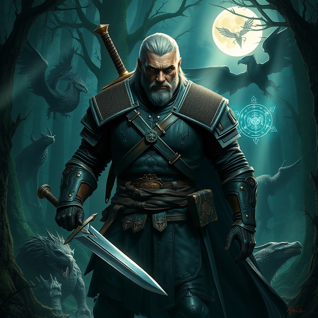 A fantasy scene featuring a powerful witcher standing confidently in a dense, enchanted forest