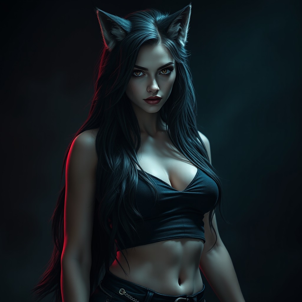 A beautiful female human-wolf hybrid with a dark and nordic aesthetic, exuding a horror feel