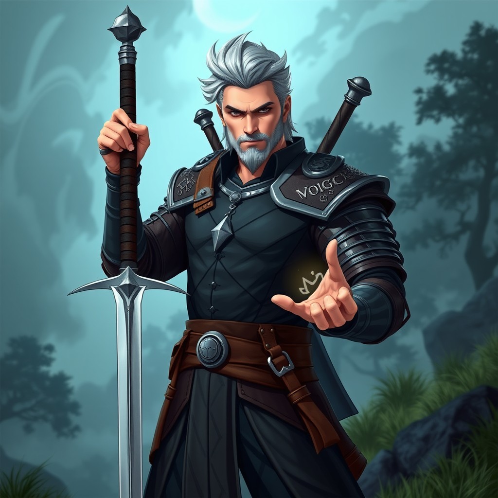 A fantasy portrayal of a witcher without a beard, standing confidently in a mystical landscape
