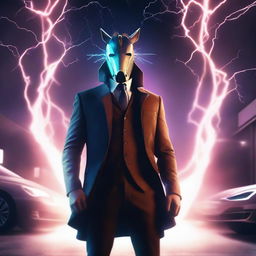 A high-quality, digital art poster showcasing a man in a coat and suit, wearing a horse-shaped mask