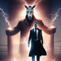 A high-quality, digital art poster showcasing a man in a coat and suit, wearing a horse-shaped mask