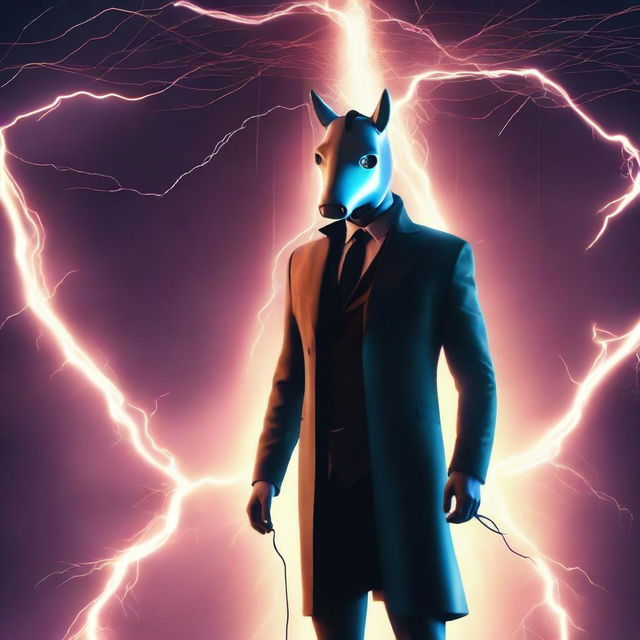 A high-quality, digital art poster showcasing a man in a coat and suit, wearing a horse-shaped mask