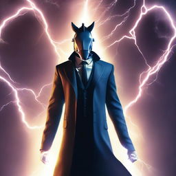 A high-quality, digital art poster showcasing a man in a coat and suit, wearing a horse-shaped mask