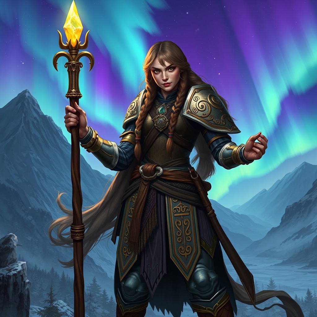 A Norse female cleric character from a Dungeons & Dragons campaign, wearing ornate armor adorned with runes and symbols of Norse mythology