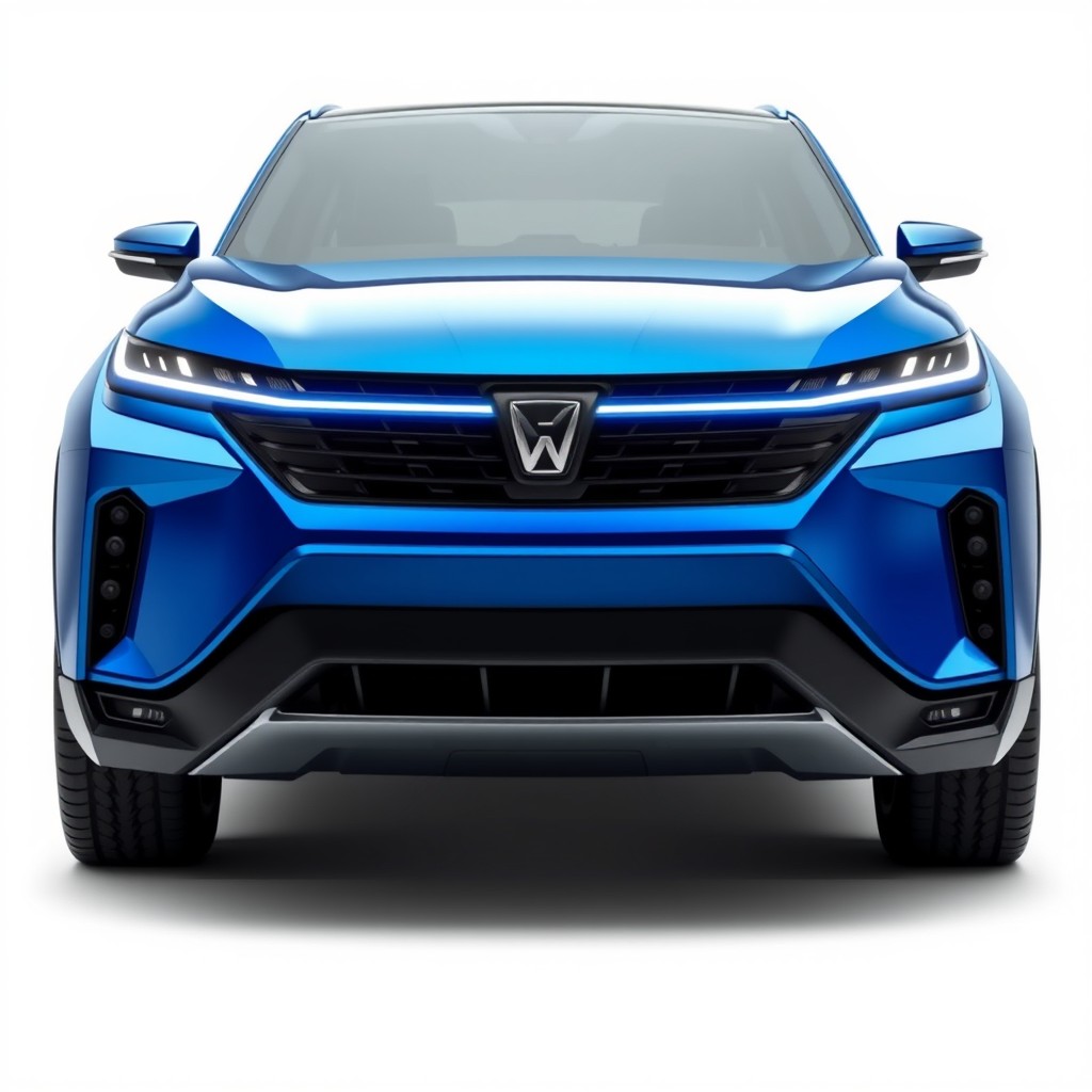 An isolated front view of a futuristic SUV, showcasing its bold and aggressive design
