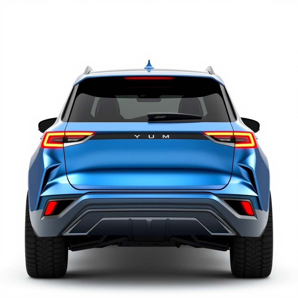 An isolated rear view of a futuristic SUV, highlighting its modern design and innovative features