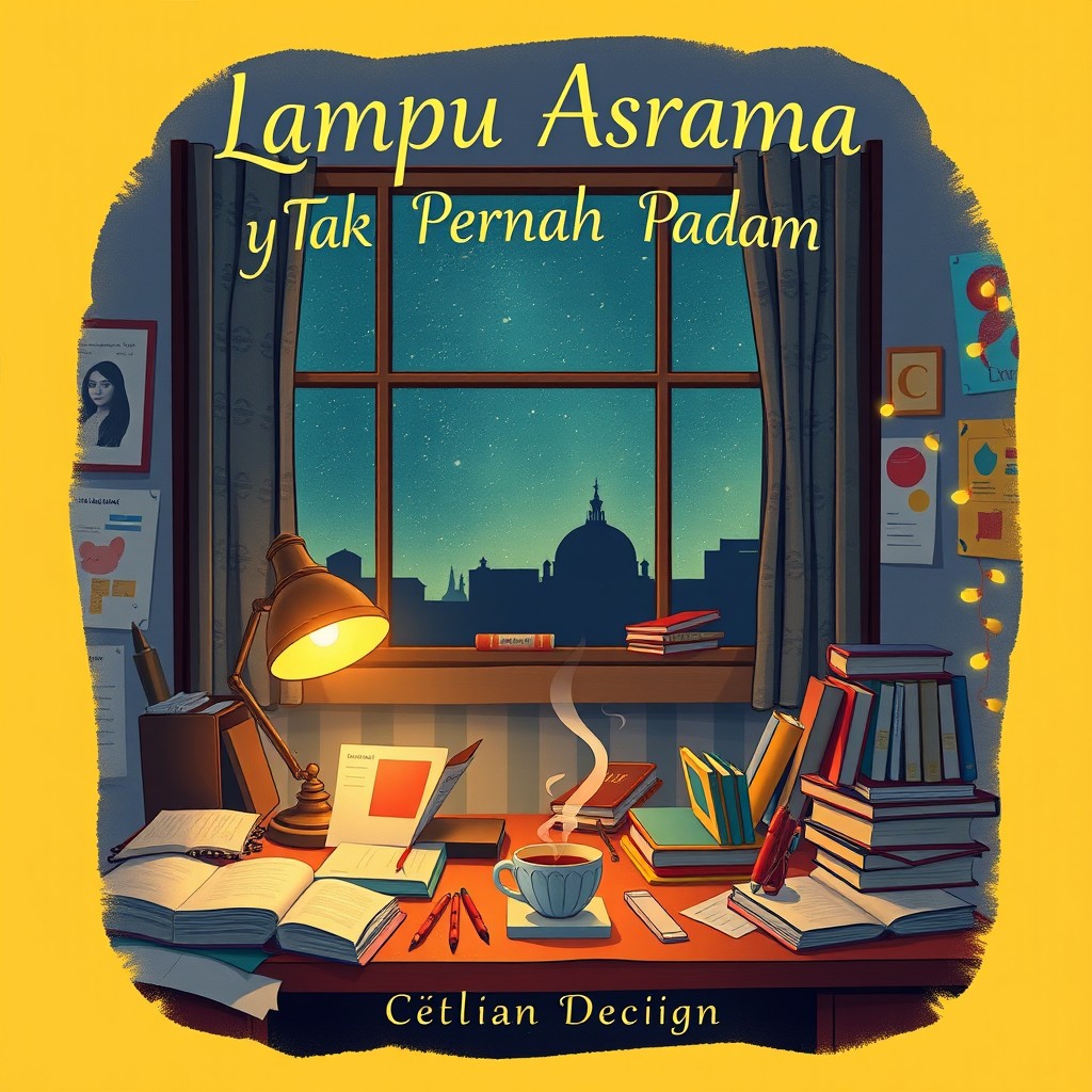 An illustrated book cover design for a fictional book titled 'Lampu Asrama yang Tak Pernah Padam' (The Dormitory Light that Never Goes Out)