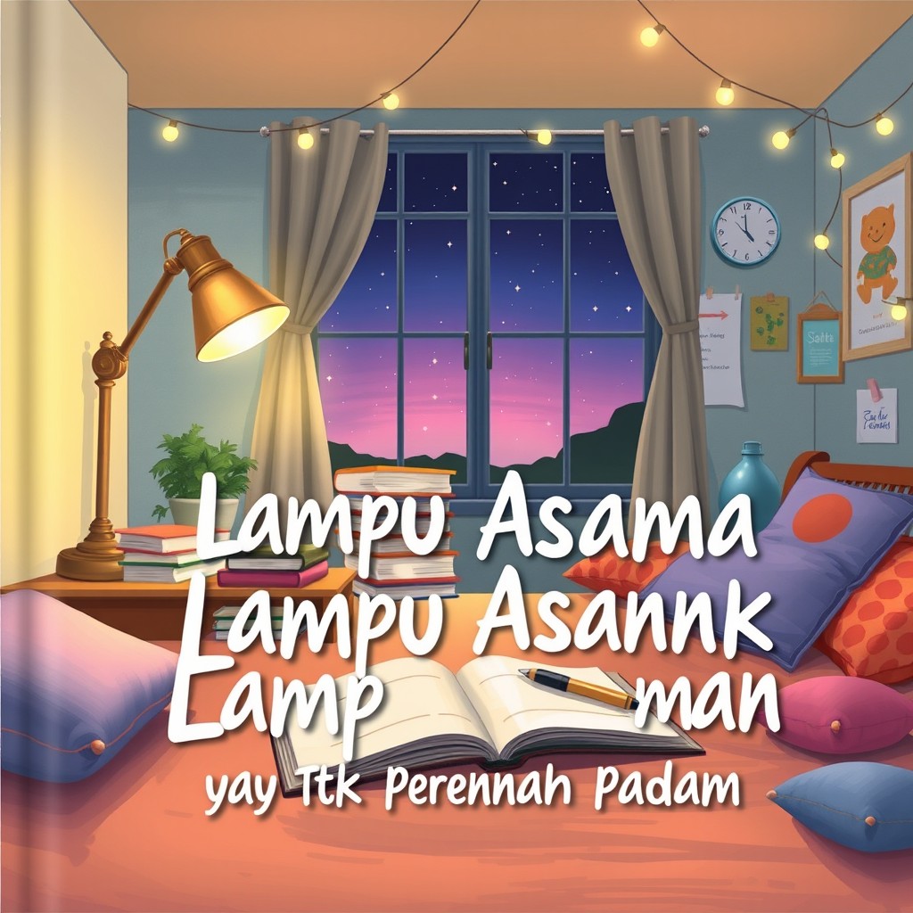An illustrated book cover design for the book titled 'Lampu Asrama yang Tak Pernah Padam' (The Dormitory Light that Never Goes Out)