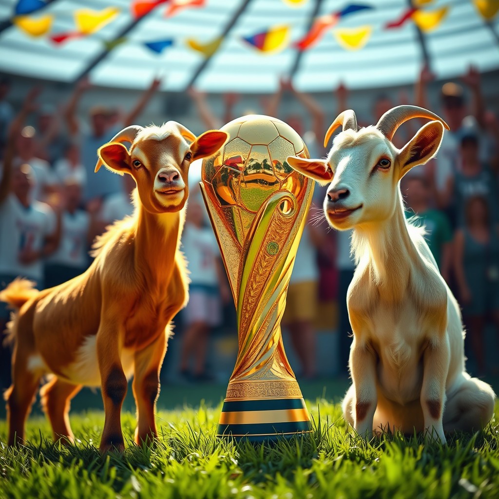 Three goats, two standing and one sitting, gathered near a shiny World Cup trophy