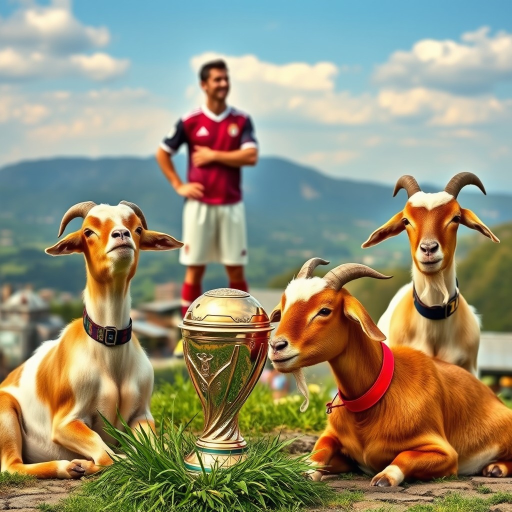 Three goats, two sitting and one standing, near a shiny World Cup trophy with a scenic background