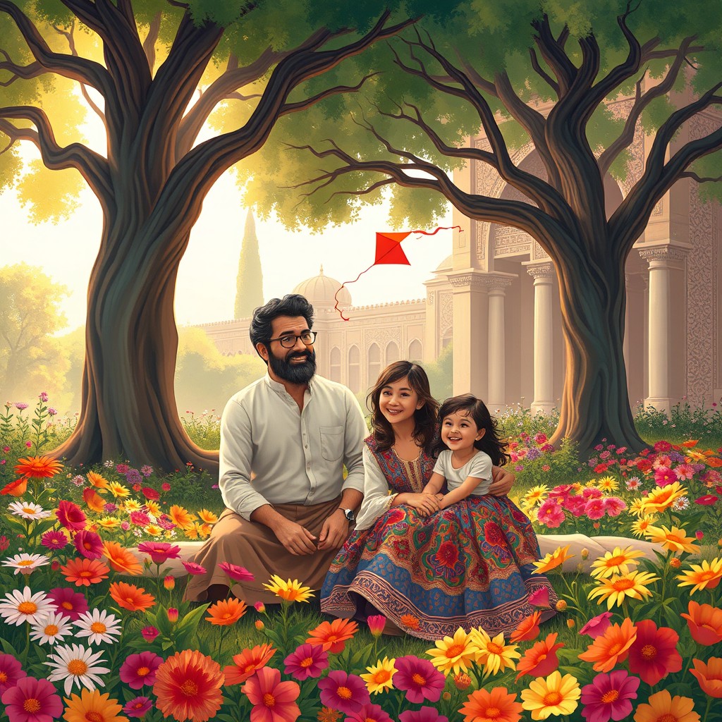 A beautifully painted illustration of an Iranian family, featuring a father, mother, and two children sitting in a traditional Persian garden full of vibrant flowers and ancient trees