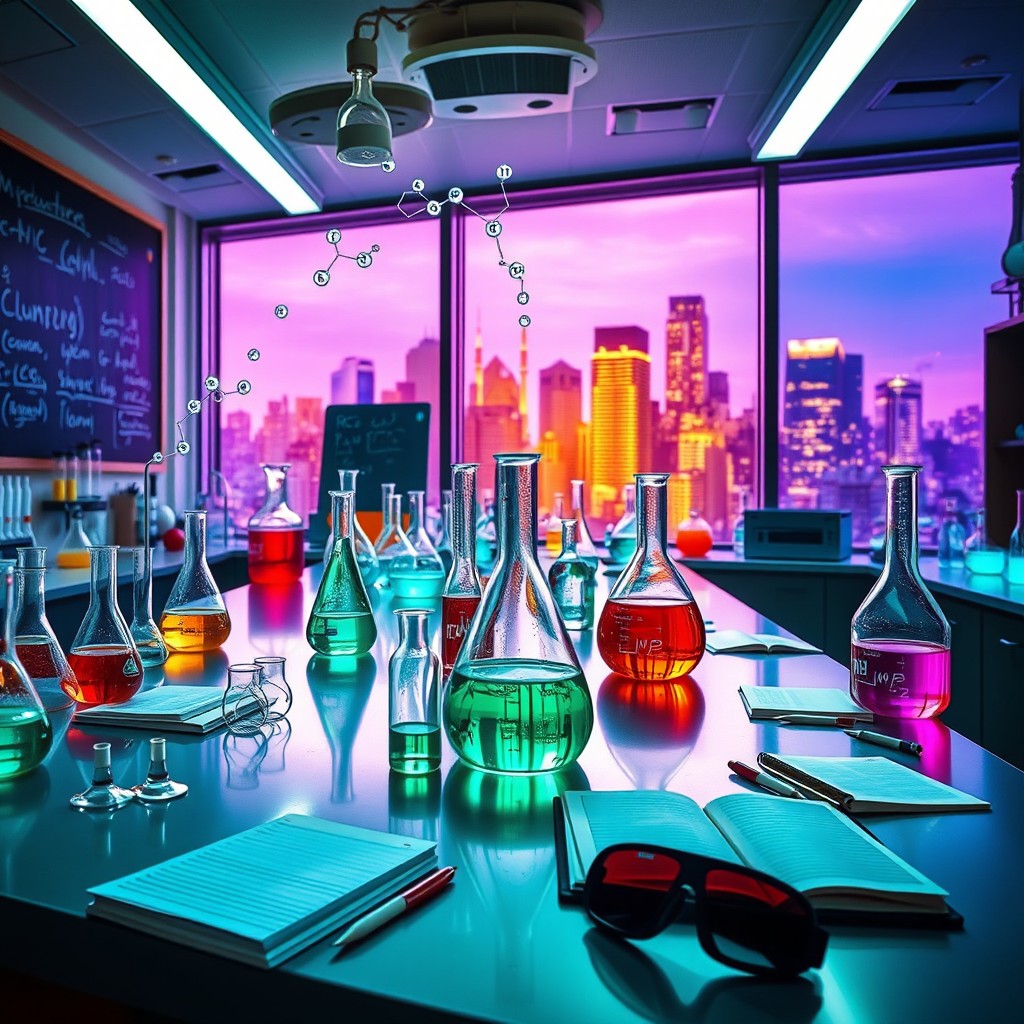 A vibrant and colorful chemical environment, showcasing a laboratory filled with vivid liquids in glass beakers and flasks, chemical formulas written on chalkboards, and intricate scientific equipment