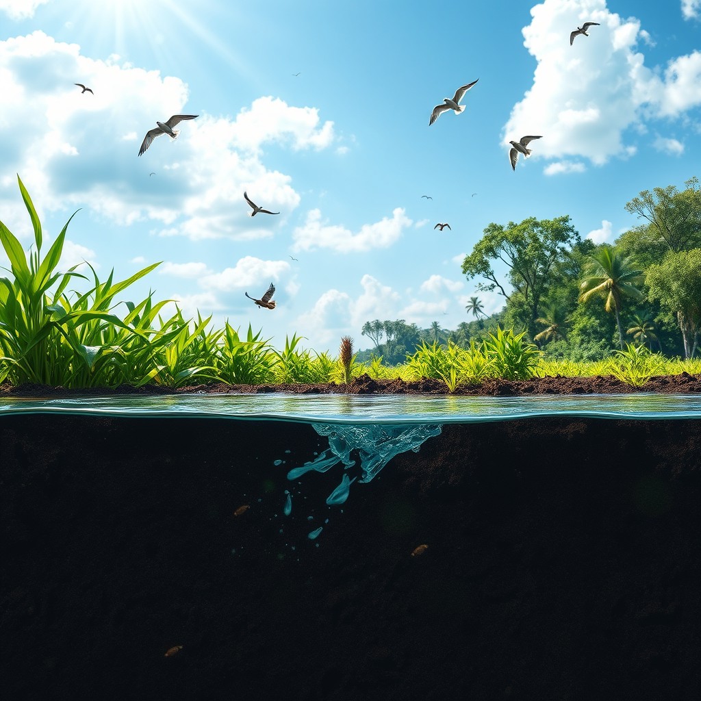 A serene and balanced ecosystem, showcasing the interaction between water, soil, and air