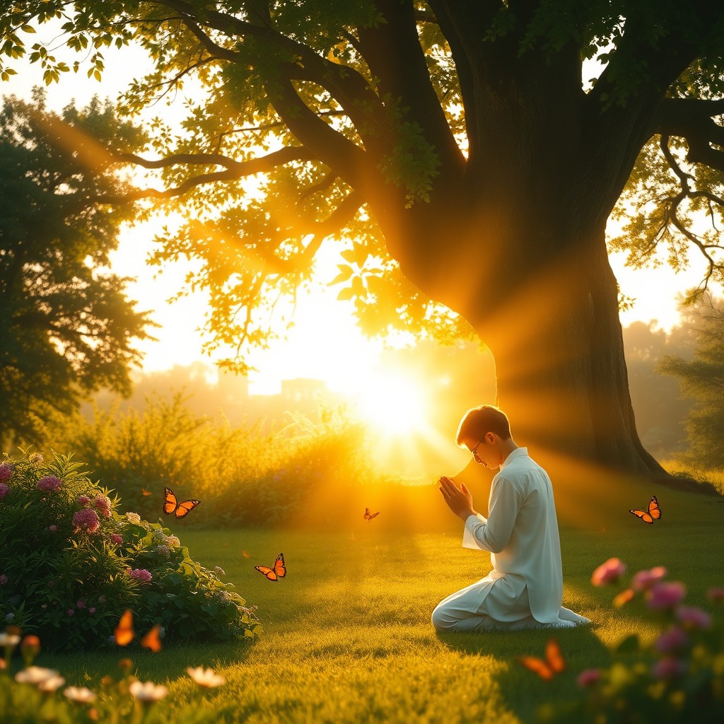 A serene and peaceful scene depicting a lush green garden at sunrise, illuminated by warm golden light
