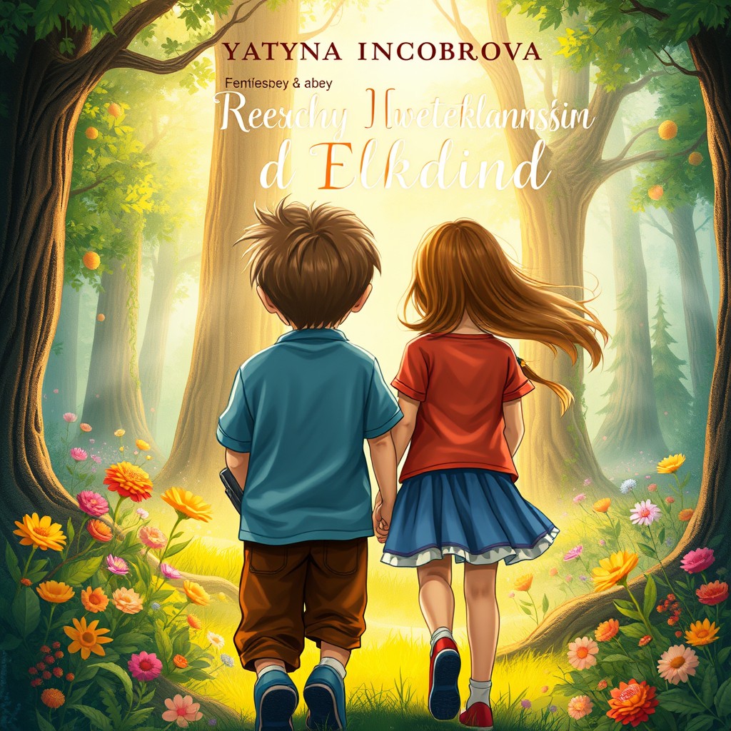 A magical book cover illustration featuring a boy and a girl, both aged around 8-9 years, walking into an enchanting fairytale forest