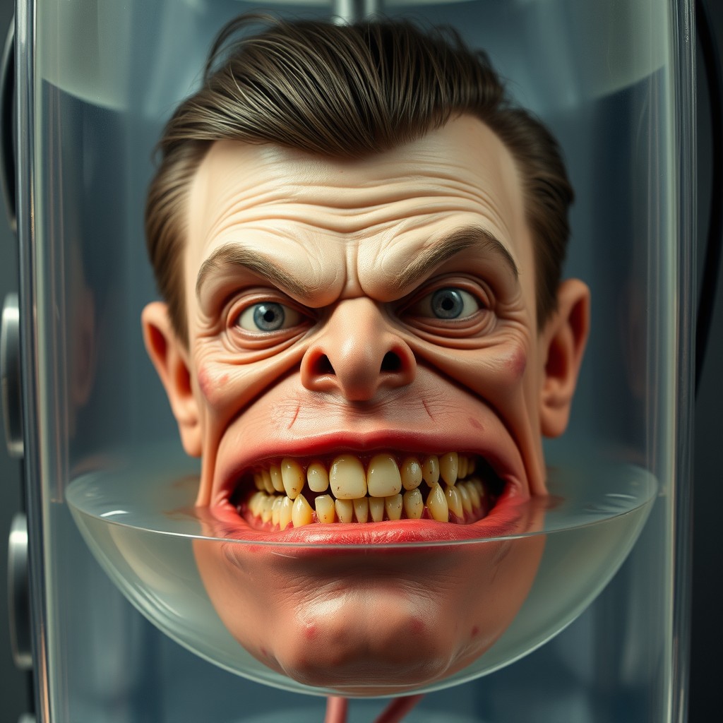 A quirky, odd-looking head with a large mouth filled with horrible teeth, covered in blemishes