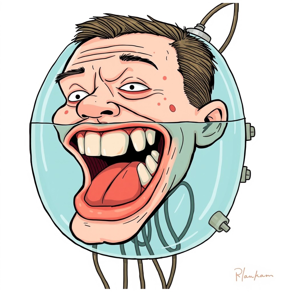 A quirky, humorous drawing of a strange head with an oversized mouth showing horrible teeth, featuring prominent acne, slicked-back hair, and small eyes, giving it a somewhat unattractive appearance