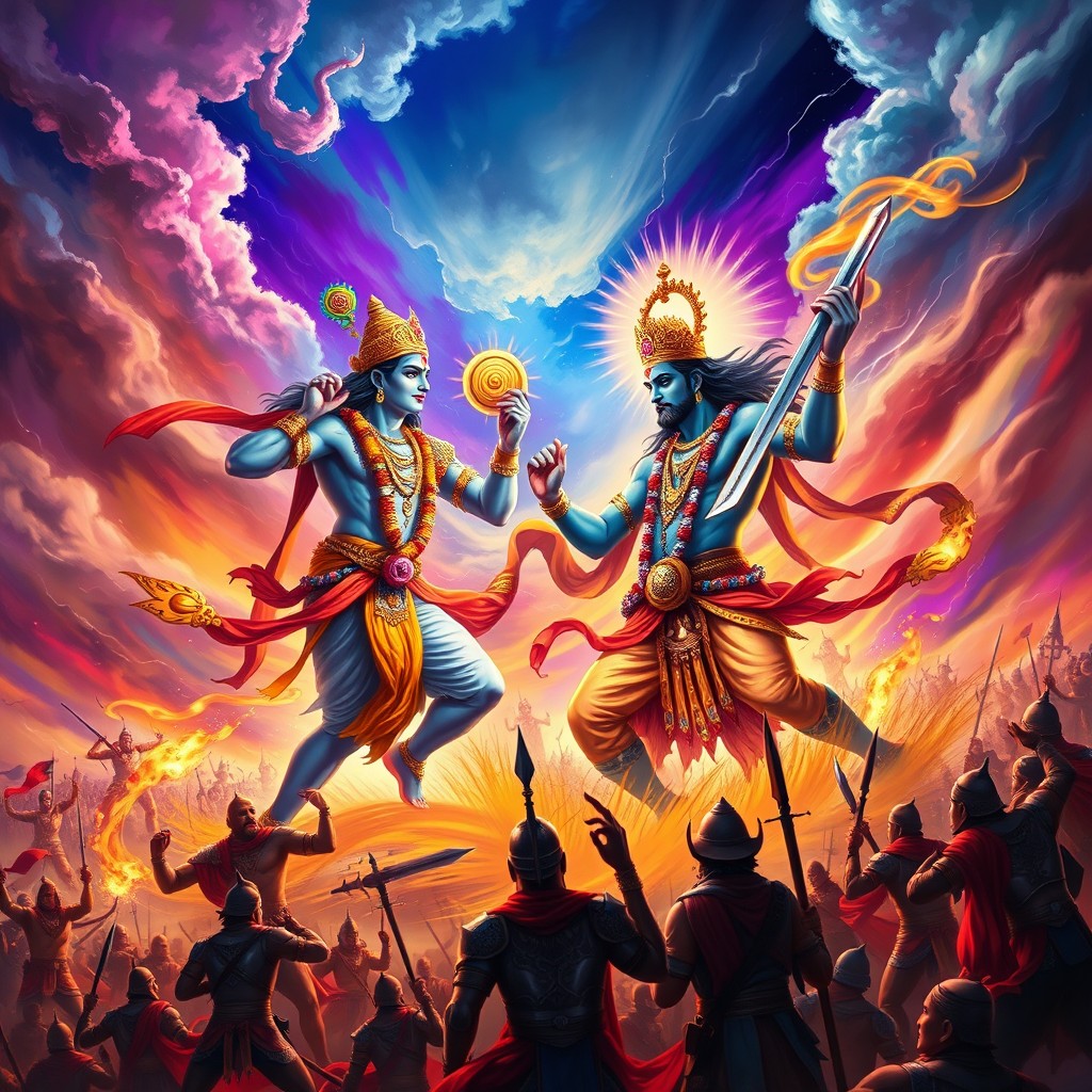 A vibrant and dynamic scene depicting the legendary battle between Lord Krishna and the demon Narkasur