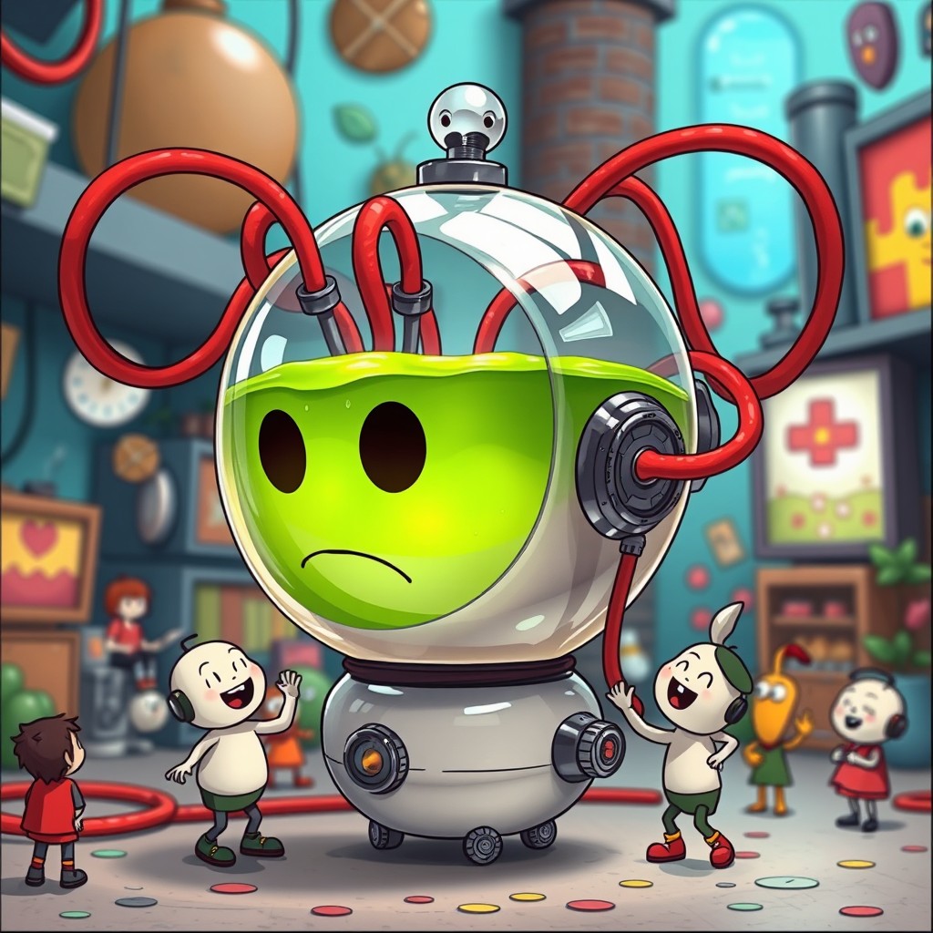 A futuristic capsule with a transparent head filled with a green liquid, featuring red cables extending from it