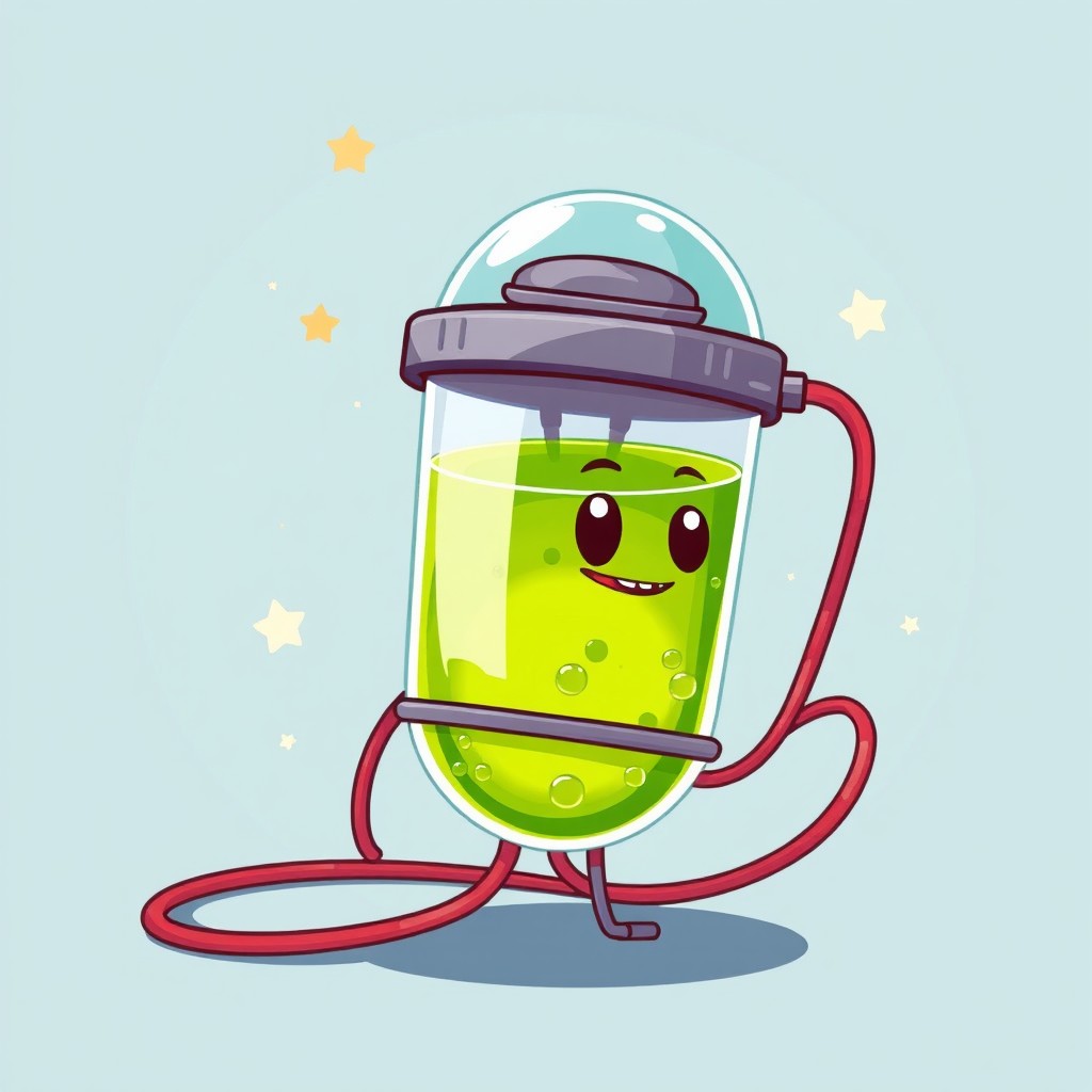 A futuristic transparent capsule filled with a green liquid, with red cables extending from it